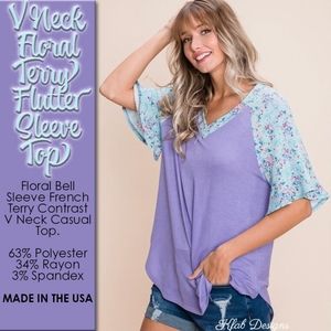 V Neck Floral Terry Flutter Sleeve Top